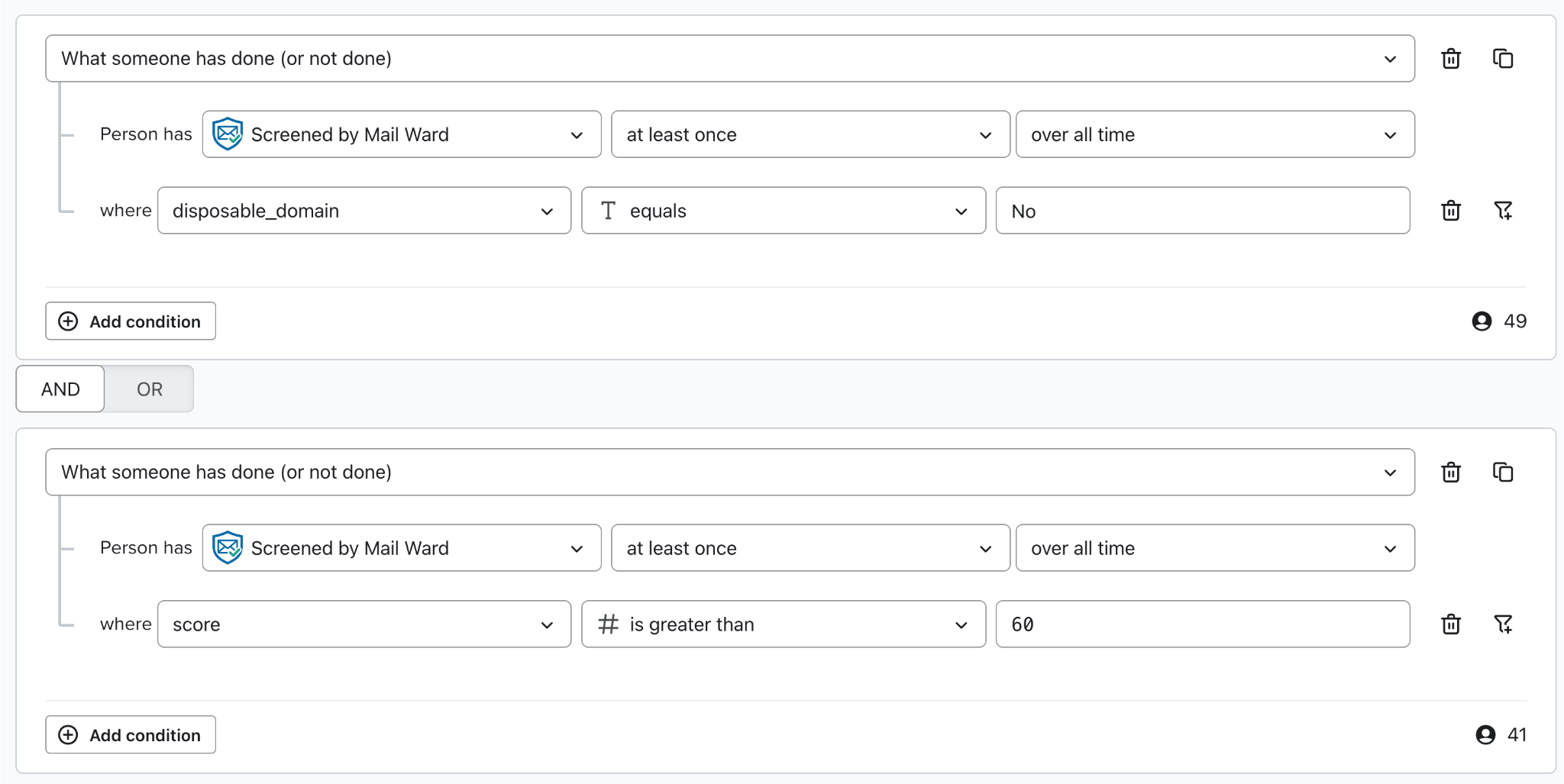 Klaviyo segment built from Mail Ward event properties