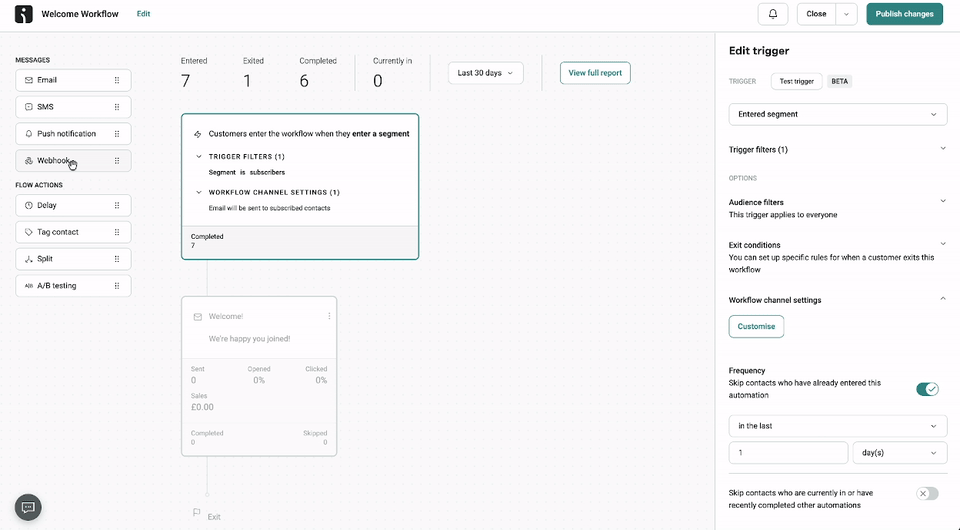 Dragging the Webhook block from Flow actions into an Omnisend welcome workflow
